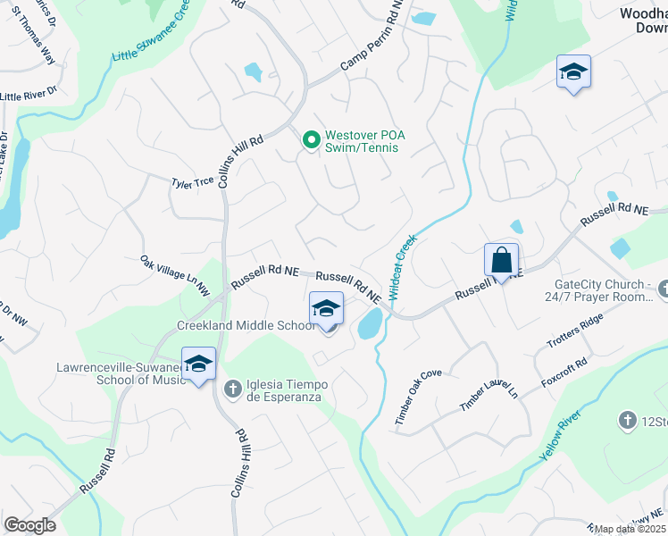 map of restaurants, bars, coffee shops, grocery stores, and more near 125 Russell Road in Lawrenceville