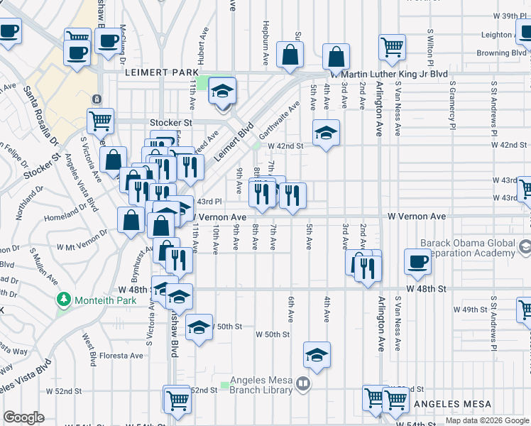 map of restaurants, bars, coffee shops, grocery stores, and more near 2909 West Vernon Avenue in Los Angeles