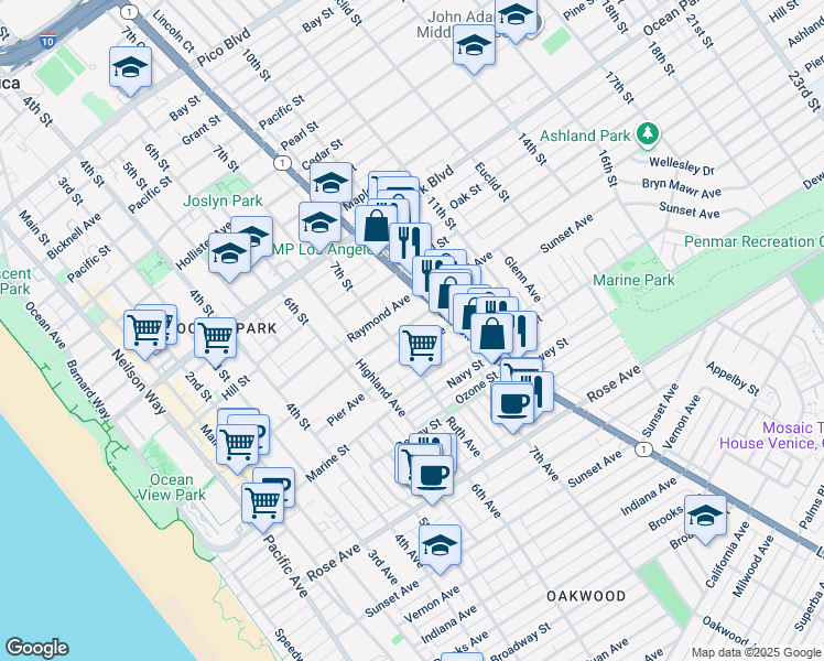 map of restaurants, bars, coffee shops, grocery stores, and more near 724 Ashland Avenue in Santa Monica