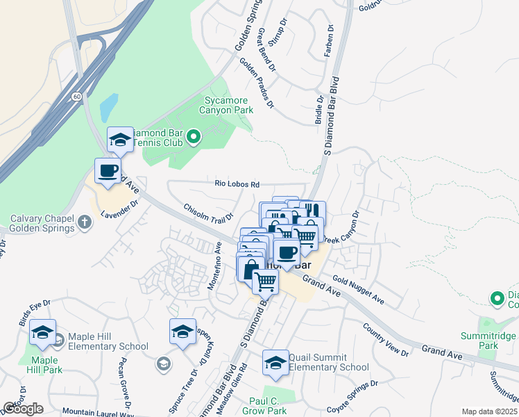 map of restaurants, bars, coffee shops, grocery stores, and more near 1050 Grand Avenue in Diamond Bar
