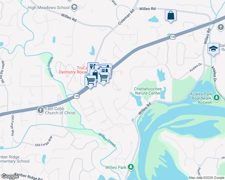map of restaurants, bars, coffee shops, grocery stores, and more near 2054 Merrimont Way in Roswell
