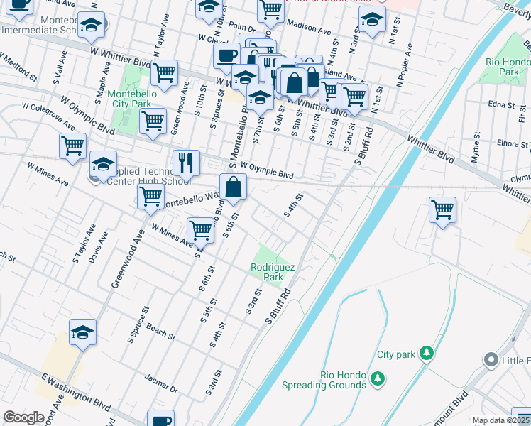 map of restaurants, bars, coffee shops, grocery stores, and more near 425 West Roosevelt Avenue in Montebello