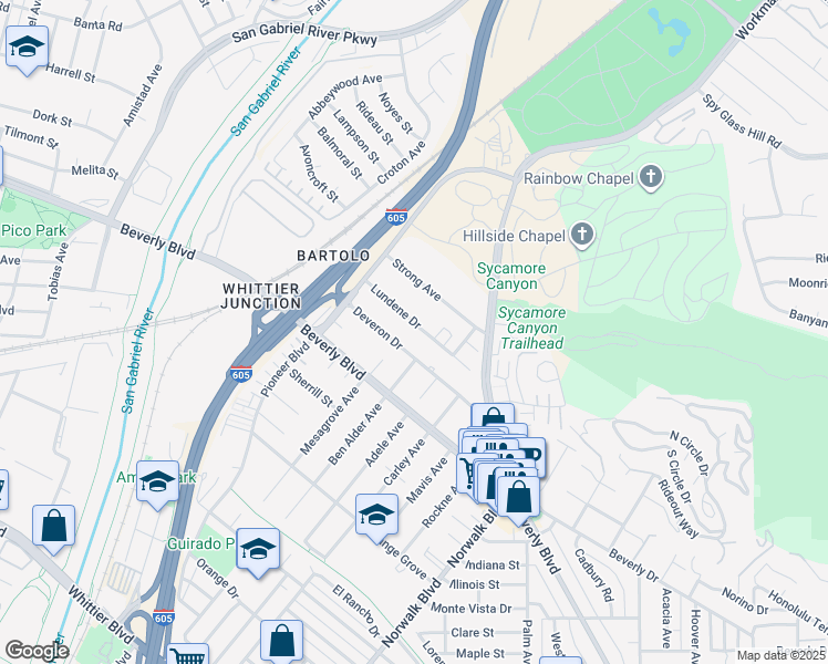 map of restaurants, bars, coffee shops, grocery stores, and more near 10328 Lundene Drive in Whittier