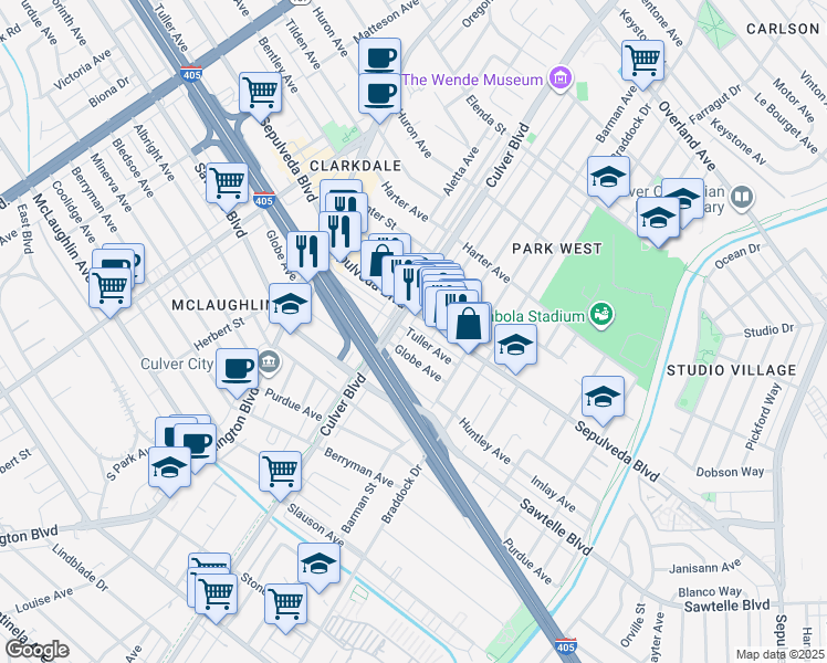 map of restaurants, bars, coffee shops, grocery stores, and more near 4318 Tuller Avenue in Culver City