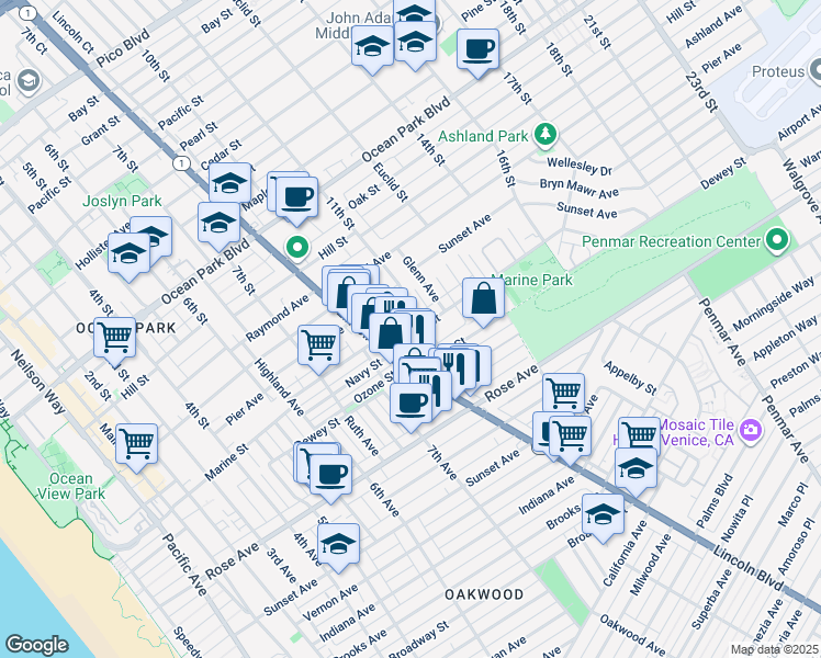 map of restaurants, bars, coffee shops, grocery stores, and more near 925 Marine Street in Santa Monica