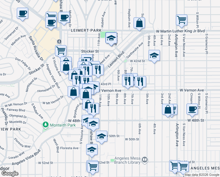 map of restaurants, bars, coffee shops, grocery stores, and more near 3114 West Vernon Avenue in Los Angeles