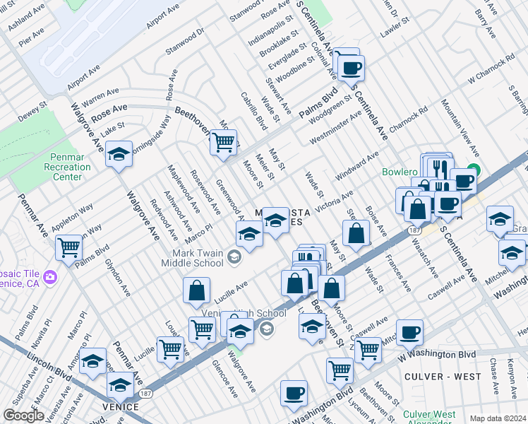 map of restaurants, bars, coffee shops, grocery stores, and more near 3630 Beethoven Street in Los Angeles