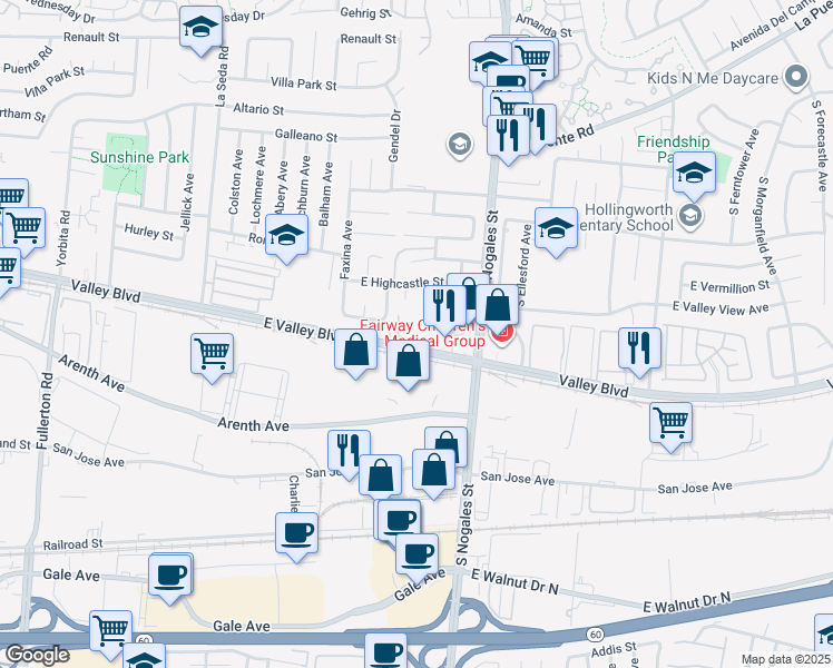 map of restaurants, bars, coffee shops, grocery stores, and more near 2601 Valley Boulevard in West Covina