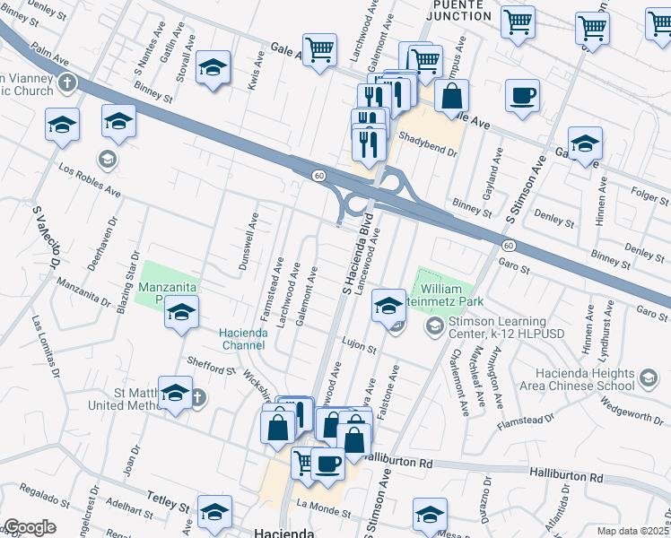 map of restaurants, bars, coffee shops, grocery stores, and more near 15733 Atglen Street in Hacienda Heights