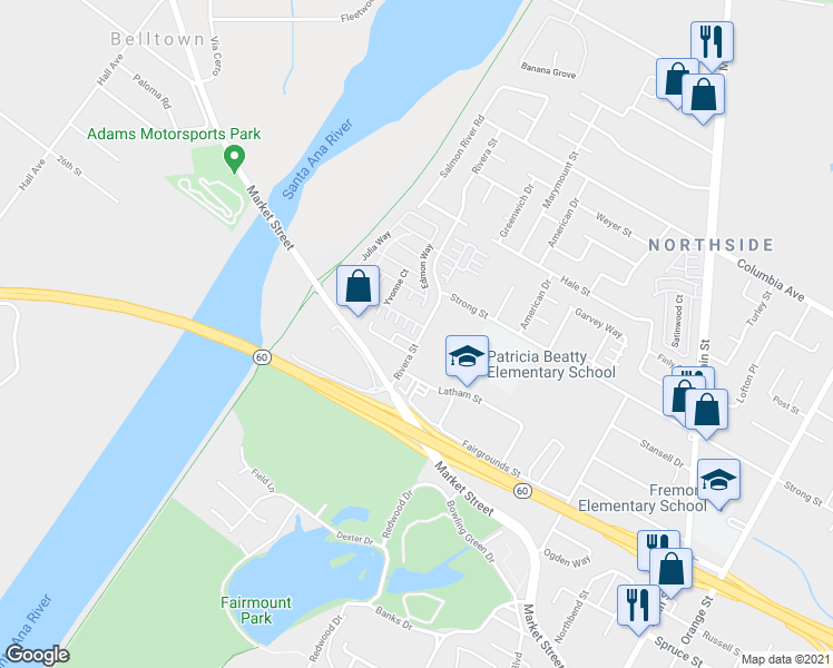 map of restaurants, bars, coffee shops, grocery stores, and more near 1887 Rivera Street in Riverside