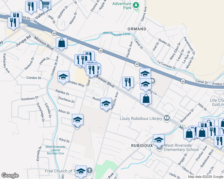 map of restaurants, bars, coffee shops, grocery stores, and more near 6094 Mission Boulevard in Riverside