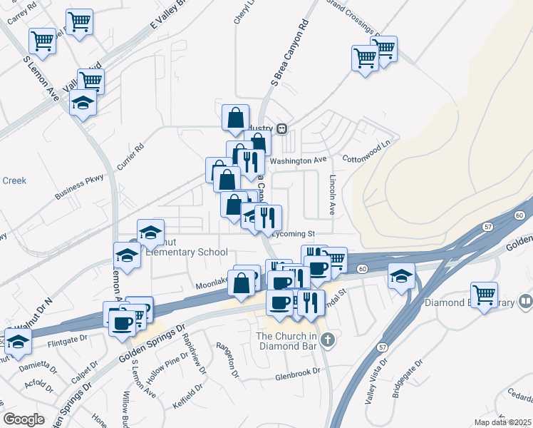 map of restaurants, bars, coffee shops, grocery stores, and more near 780 South Brea Canyon Road in Walnut