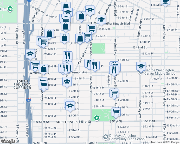 map of restaurants, bars, coffee shops, grocery stores, and more near 234 East Vernon Avenue in Los Angeles