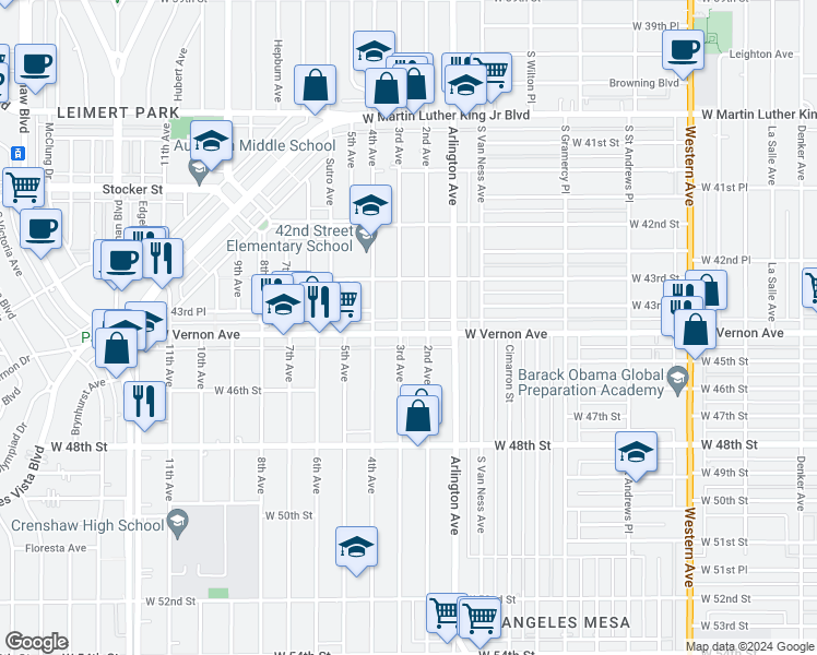map of restaurants, bars, coffee shops, grocery stores, and more near 2427 West Vernon Avenue in Los Angeles