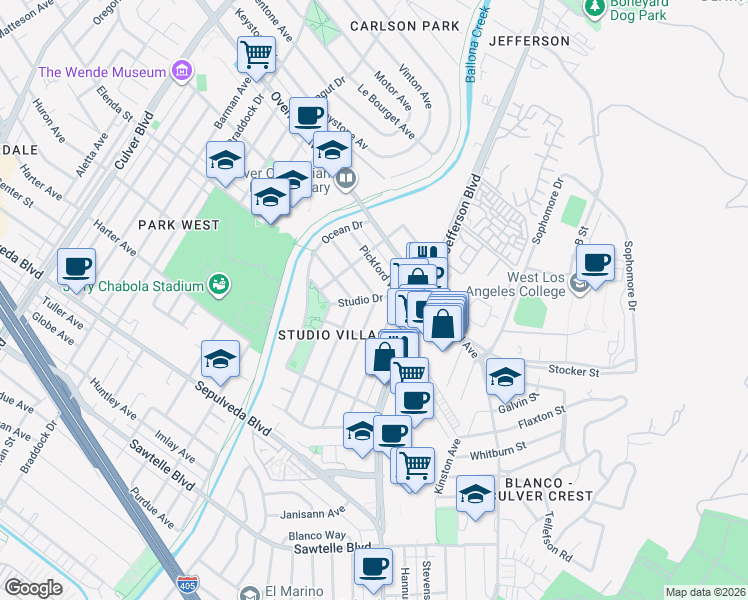 map of restaurants, bars, coffee shops, grocery stores, and more near 10825 Pickford Way in Culver City