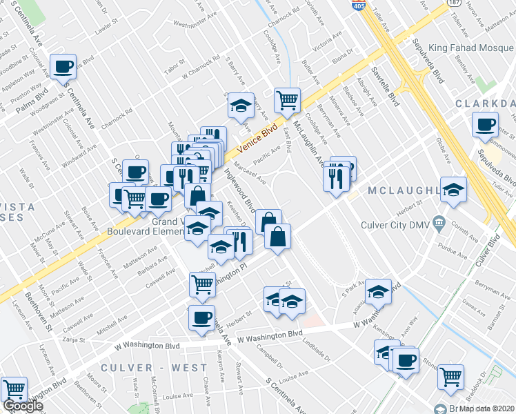 map of restaurants, bars, coffee shops, grocery stores, and more near 3944 Inglewood Boulevard in Los Angeles