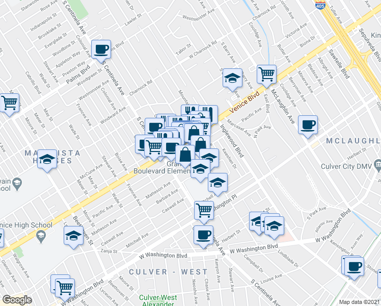 map of restaurants, bars, coffee shops, grocery stores, and more near 12218 Pacific Avenue in Los Angeles