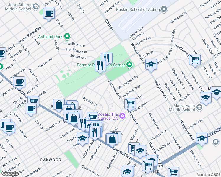map of restaurants, bars, coffee shops, grocery stores, and more near 1533 Penmar Avenue in Los Angeles