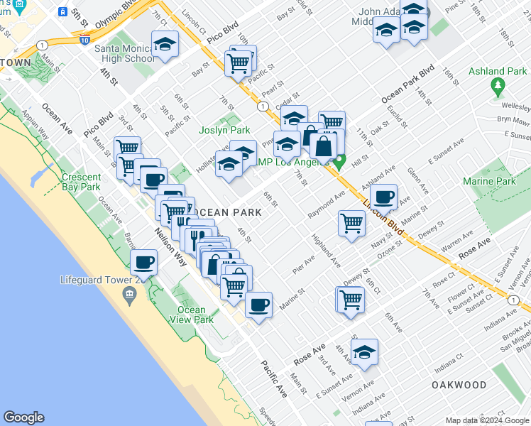 map of restaurants, bars, coffee shops, grocery stores, and more near 504 Hill Street in Santa Monica