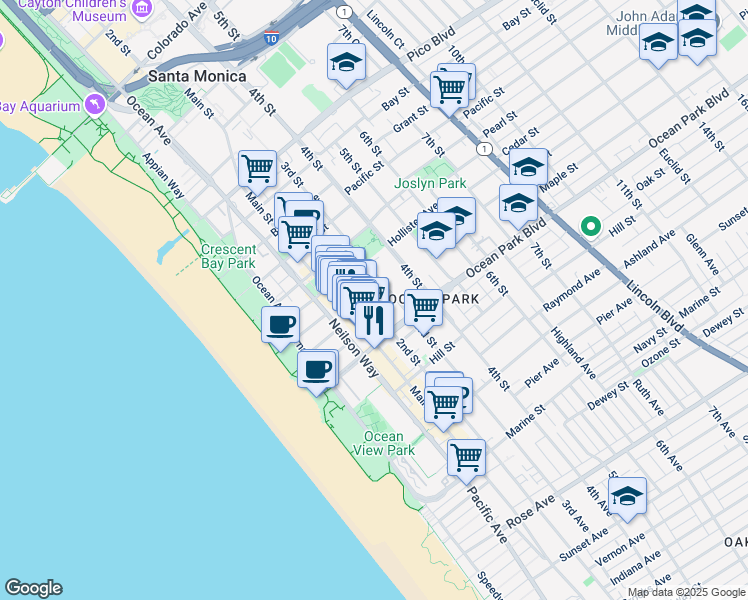 map of restaurants, bars, coffee shops, grocery stores, and more near 2513 2nd Street in Santa Monica
