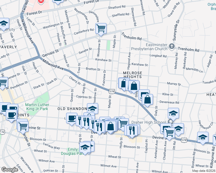 map of restaurants, bars, coffee shops, grocery stores, and more near 2799 Millwood Avenue in Columbia