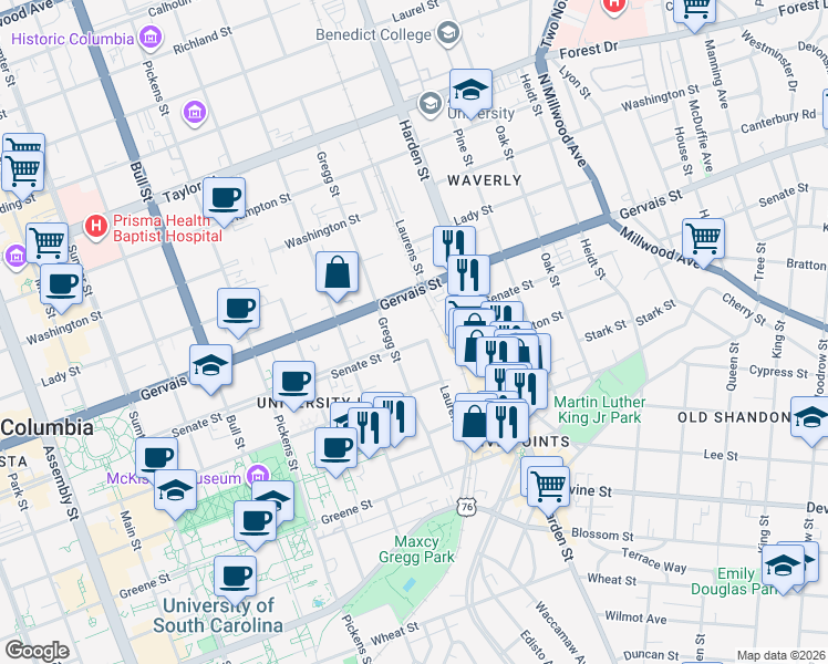 map of restaurants, bars, coffee shops, grocery stores, and more near 1911 Senate Street in Columbia