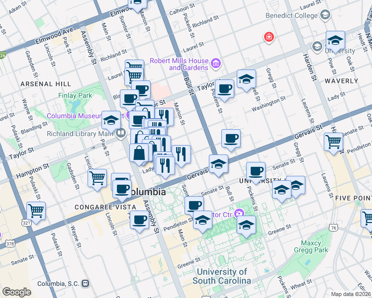 map of restaurants, bars, coffee shops, grocery stores, and more near 1321 Lady Street in Columbia