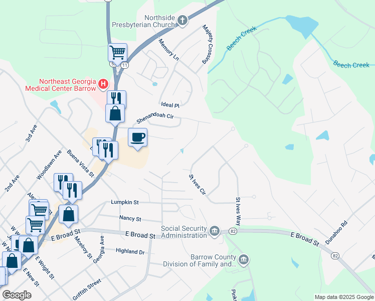 map of restaurants, bars, coffee shops, grocery stores, and more near 420 Shenandoah Court in Winder