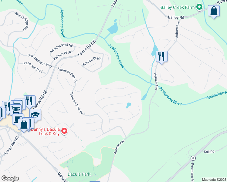 map of restaurants, bars, coffee shops, grocery stores, and more near 525 Ballyshnnon Drive in Dacula