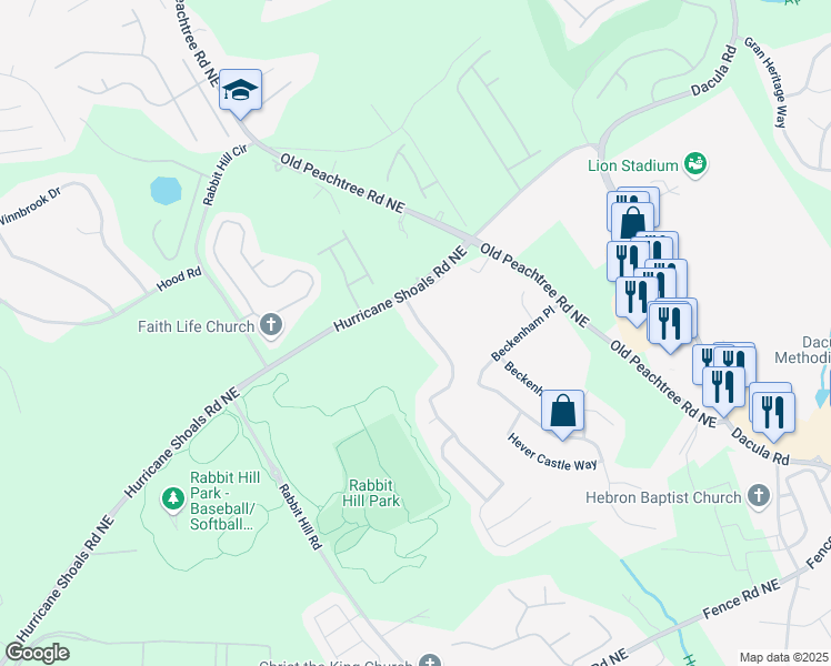 map of restaurants, bars, coffee shops, grocery stores, and more near 750 Beckenham Walk Drive in Dacula