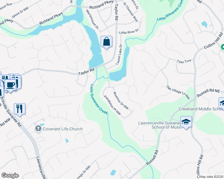 map of restaurants, bars, coffee shops, grocery stores, and more near 2395 Pendleton Place Northwest in Suwanee