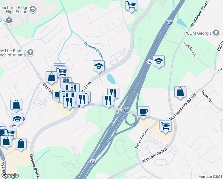 map of restaurants, bars, coffee shops, grocery stores, and more near 1460 Distribution Drive in Suwanee