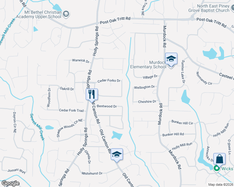 map of restaurants, bars, coffee shops, grocery stores, and more near 2207 Cedar Forks Drive in Marietta