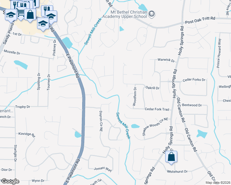 map of restaurants, bars, coffee shops, grocery stores, and more near 2158 Deep Woods Way in Marietta
