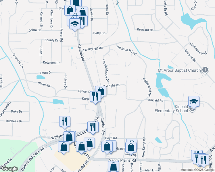 map of restaurants, bars, coffee shops, grocery stores, and more near 2127 Oland Circle in Marietta