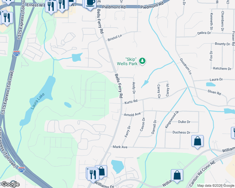 map of restaurants, bars, coffee shops, grocery stores, and more near 2115 Bells Ferry Road in Marietta