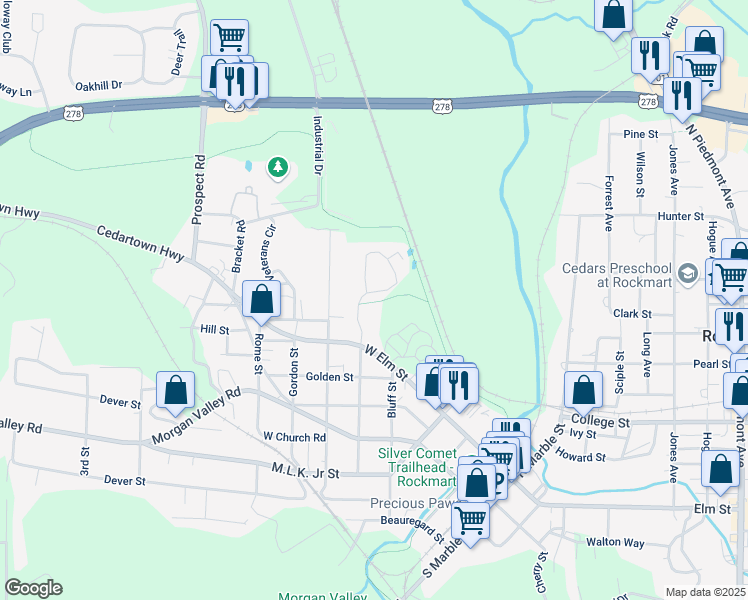 map of restaurants, bars, coffee shops, grocery stores, and more near 102 Highland Drive in Rockmart