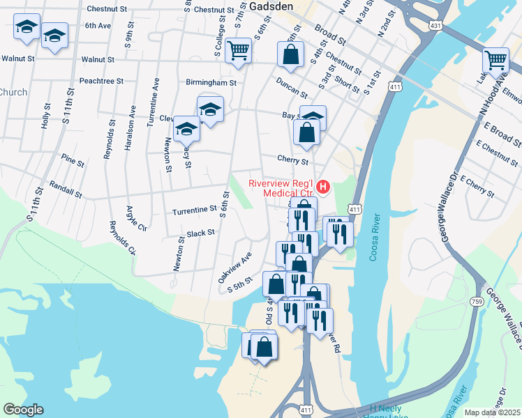 map of restaurants, bars, coffee shops, grocery stores, and more near 705 South 5th Street in Gadsden