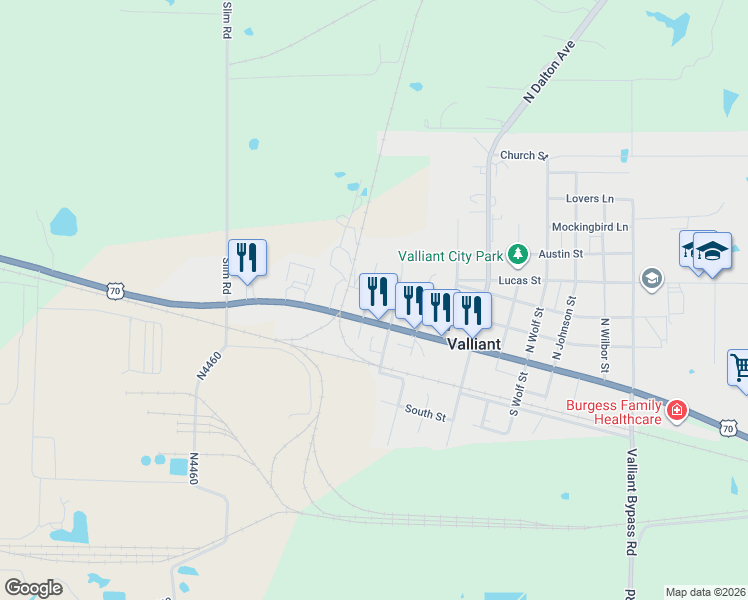 map of restaurants, bars, coffee shops, grocery stores, and more near 305 Wilson Street in Valliant