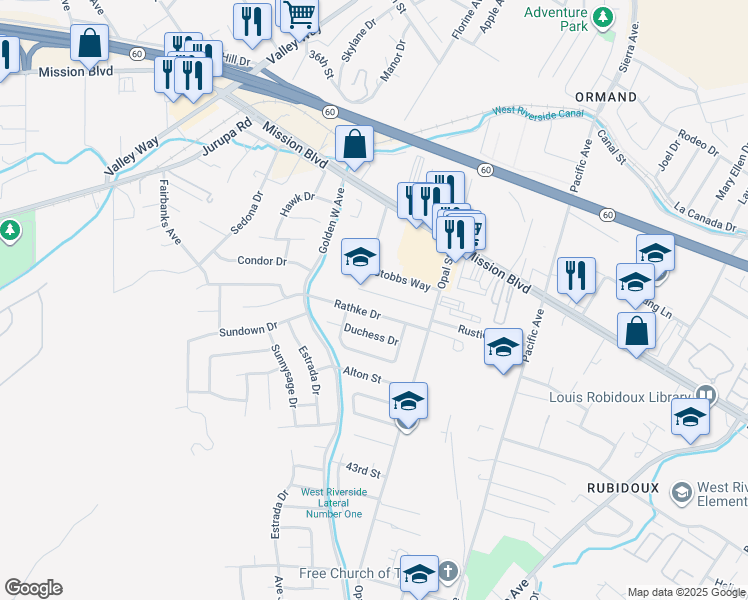 map of restaurants, bars, coffee shops, grocery stores, and more near 6392 Rustic Lane in Riverside