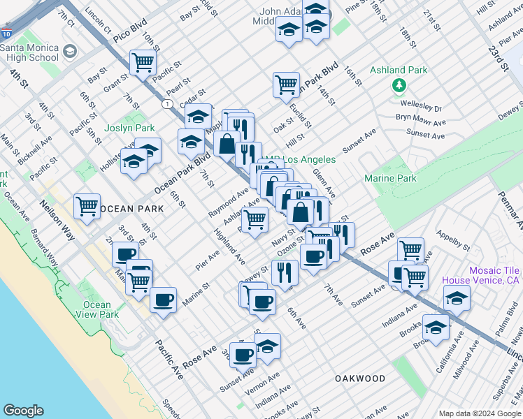 map of restaurants, bars, coffee shops, grocery stores, and more near 737 Pier Avenue in Santa Monica