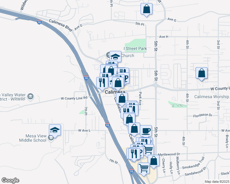 map of restaurants, bars, coffee shops, grocery stores, and more near in Calimesa