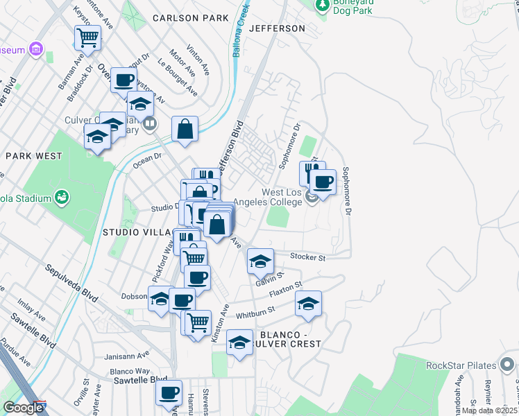map of restaurants, bars, coffee shops, grocery stores, and more near 12101 Summertime Lane in Culver City