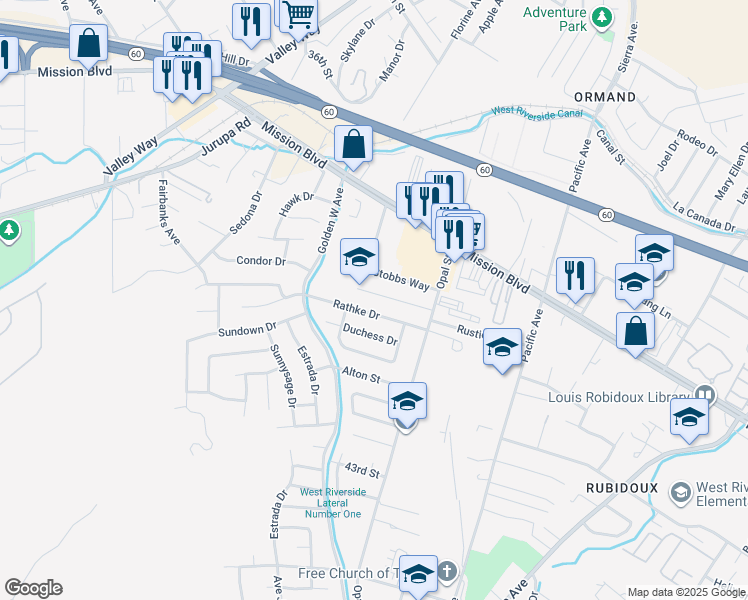 map of restaurants, bars, coffee shops, grocery stores, and more near 6392 Rustic Lane in Riverside