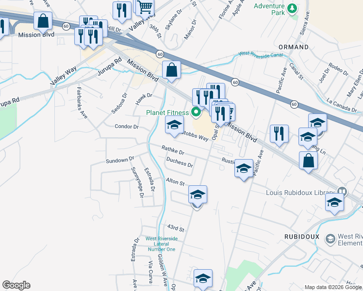 map of restaurants, bars, coffee shops, grocery stores, and more near 6416 Rathke Drive in Riverside