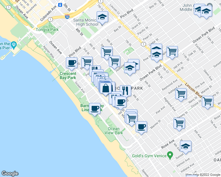 map of restaurants, bars, coffee shops, grocery stores, and more near 2435 2nd Street in Santa Monica