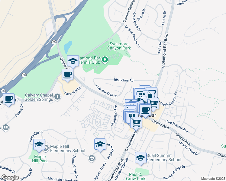 map of restaurants, bars, coffee shops, grocery stores, and more near 1147 Chisolm Trail Drive in Diamond Bar