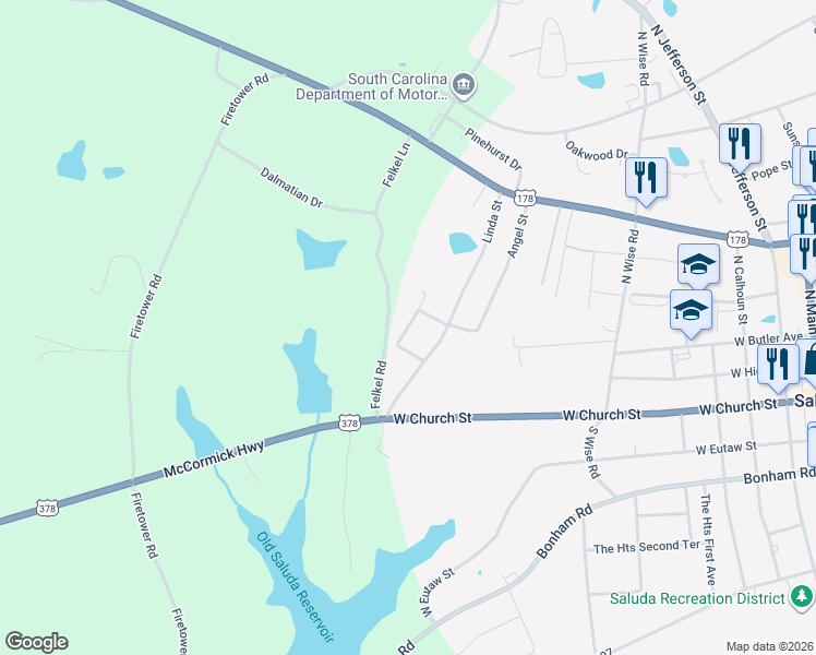map of restaurants, bars, coffee shops, grocery stores, and more near Woodland Trail in Saluda