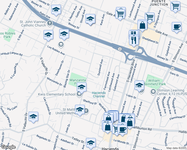 map of restaurants, bars, coffee shops, grocery stores, and more near 15521 Hollis Street in Hacienda Heights