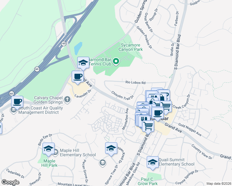 map of restaurants, bars, coffee shops, grocery stores, and more near 1177 Chisolm Trail Drive in Diamond Bar